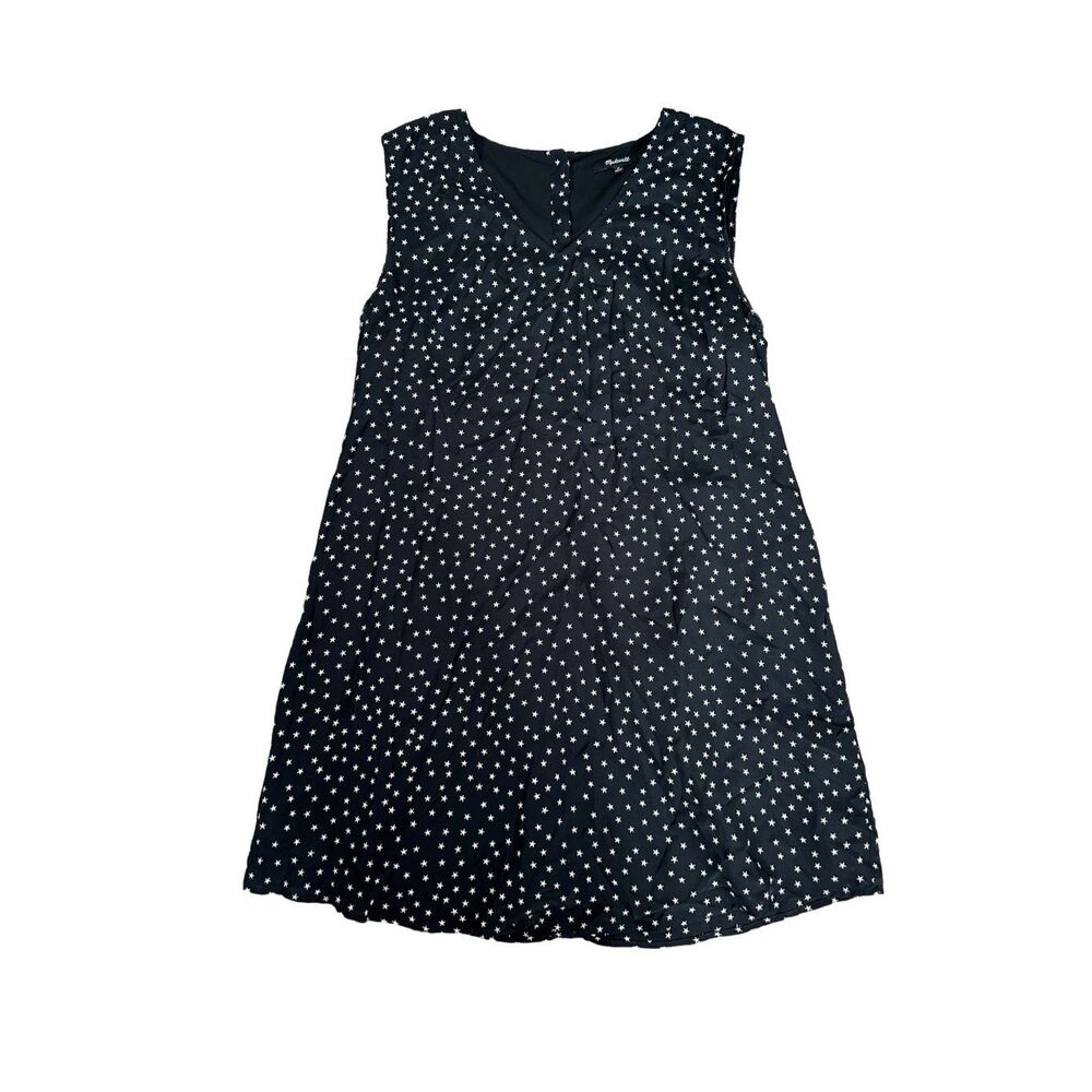 Madewell 100% Silk Star Print Gold Button V Neck Lined Sleeveless Dress Black M
